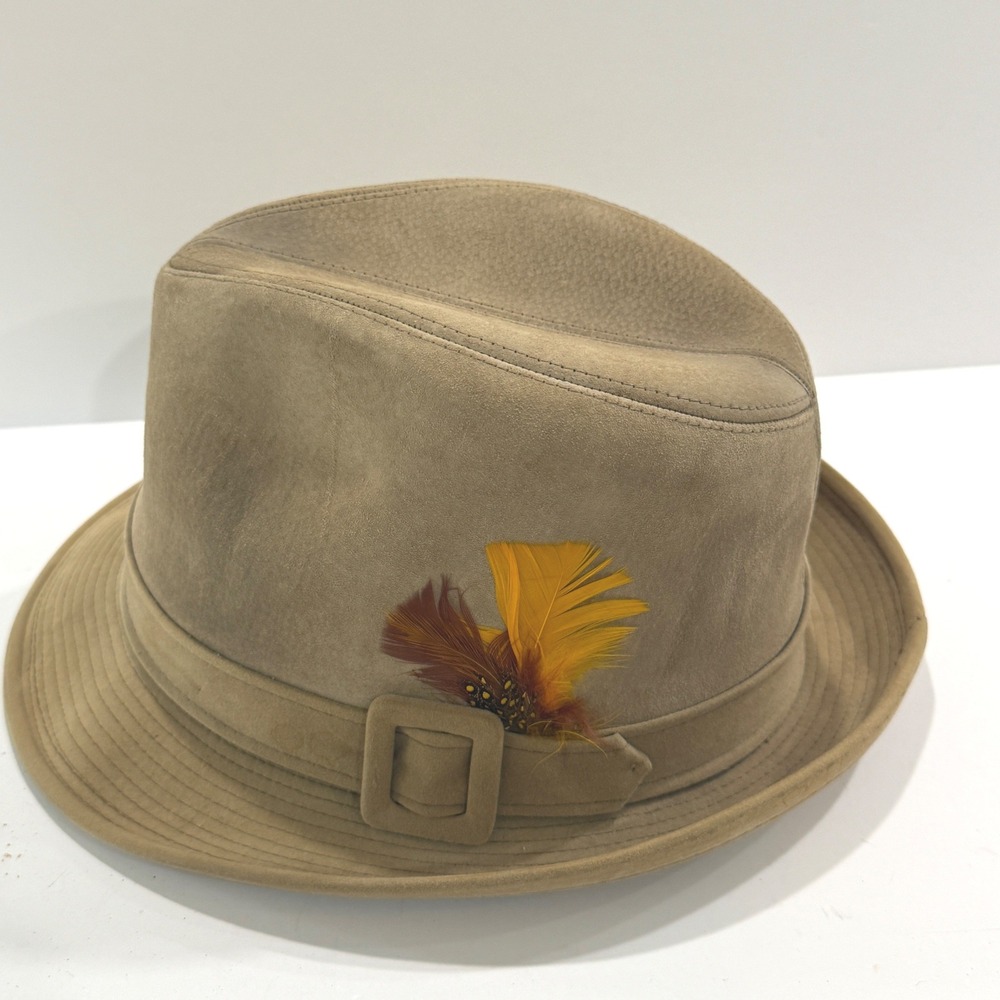 Dobbs Fifth Avenue Vintage Tan Suede Leather Fedora Hat with Feather Accent